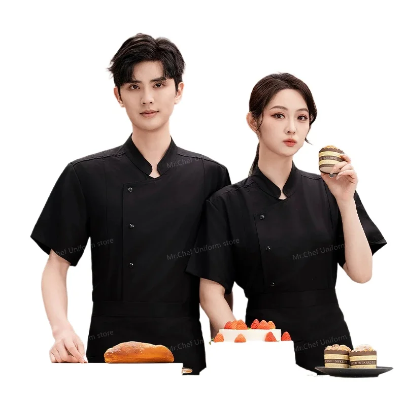 

Restaurant Men short sleeve Chef Jacket black uniform with apron Breathable Mesh Kitchen Chef coat work clothes chef accessories
