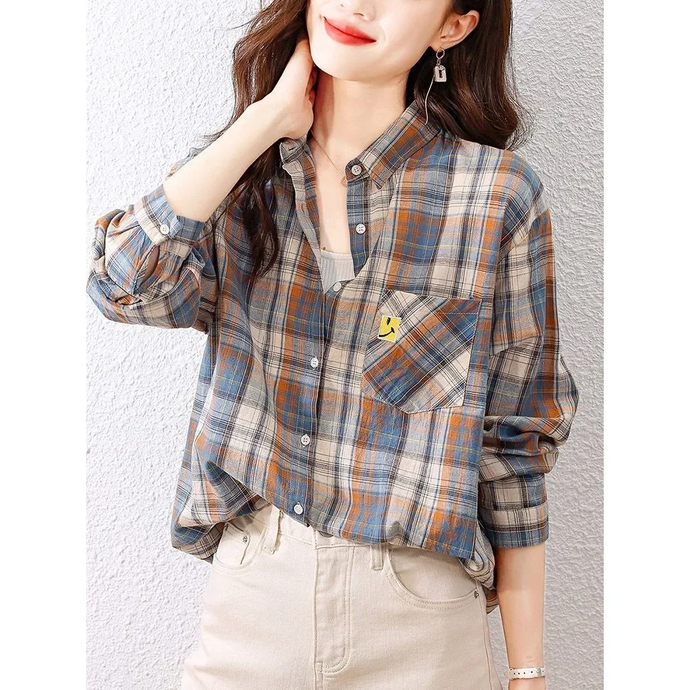 Checkered shirt for women in spring and autumn new fashionable and retro pure cotton shirt worn with a foreign