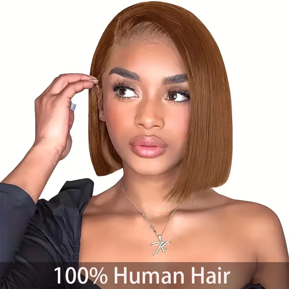 #4 Brown 13X4 Bob Wig Made from Real Human Hair, Pre-Plucked Transparent Lace Brown Bob Wig. Straight Style Lace Frontal Wig for Women, Suitable for Valentine'S Day Gift for Girlfriends