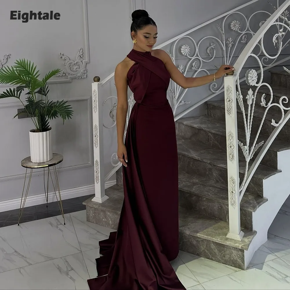 

Eightale Arabic Evening Dresses Halter Pleats Mermaid Satin Floor Length Sexy Burgundy Customized Prom Party Gowns for Wedding