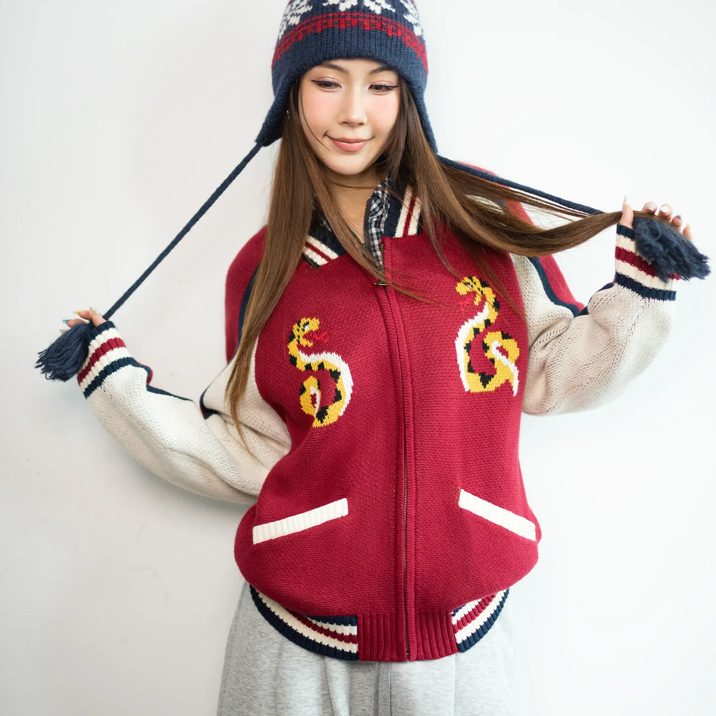 

Maden Women Red Vintage Knit Zipper Cardigan Loose Oversized Thick Warm Soft Sweater Jacket Knitted Outerwear for Fall Winter