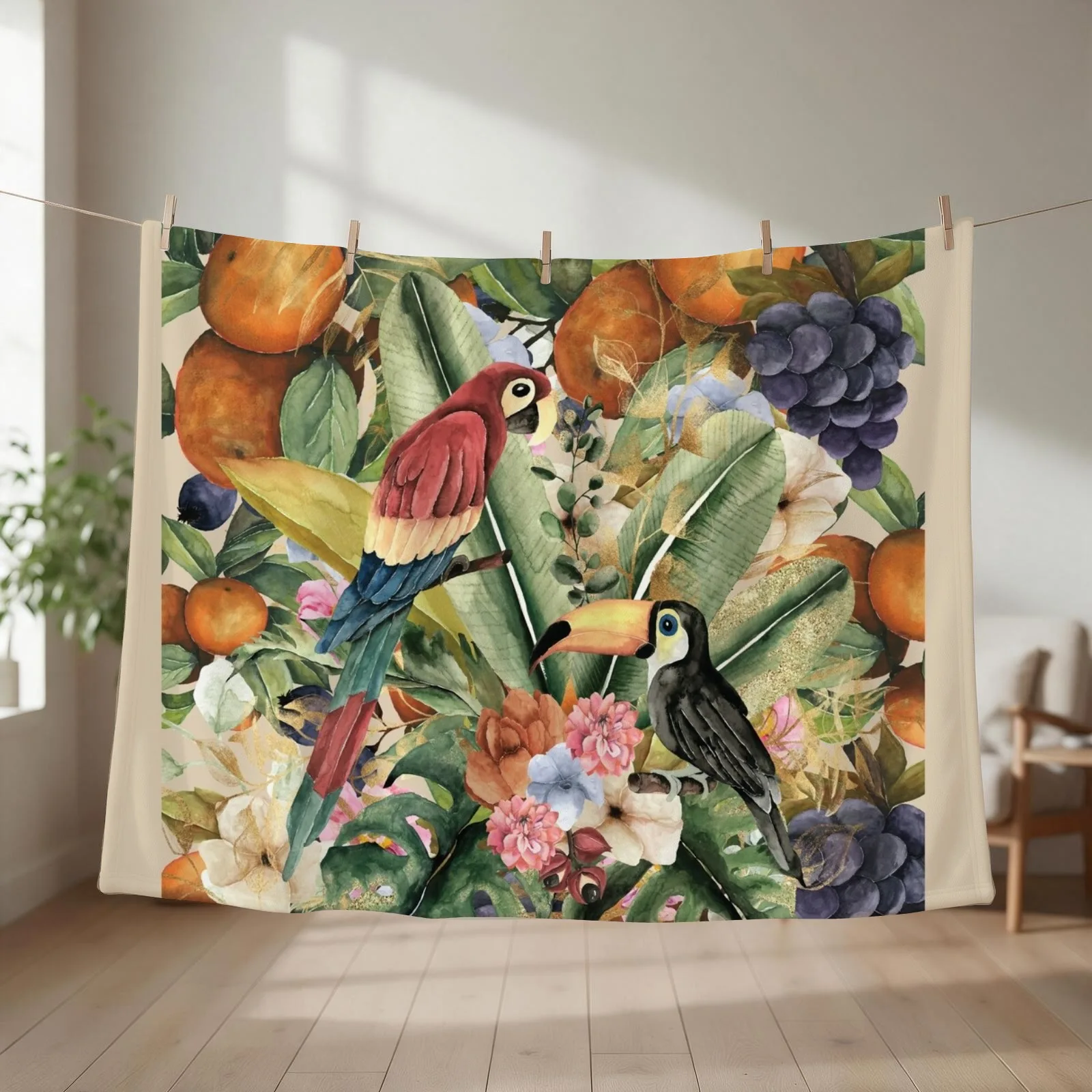 Amazon Birds and Fruits Watercolor Throw Blanket couch cozy soft plush fuzzy picnic outdoor blanket
