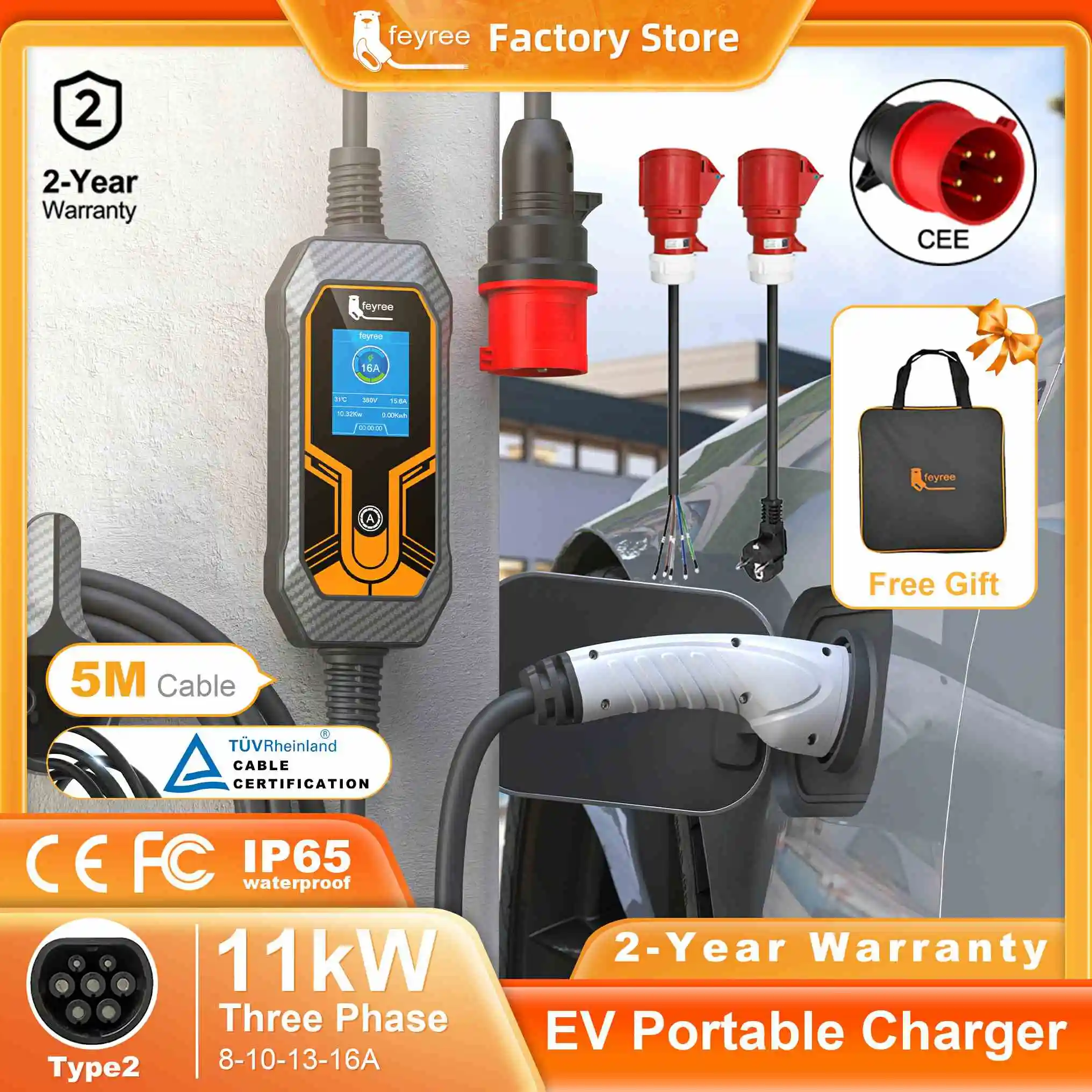 feyree EV Charger Portable Type2 11KW 16A 3 Phase EVSE Charging Box Current Adjustable CEE Male Plug for Electric Car Charger