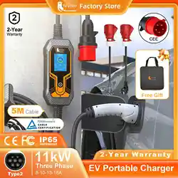 feyree EV Charger Portable Type2 11KW 16A 3 Phase EVSE Charging Box Current Adjustable CEE Male Plug for Electric Car Charger