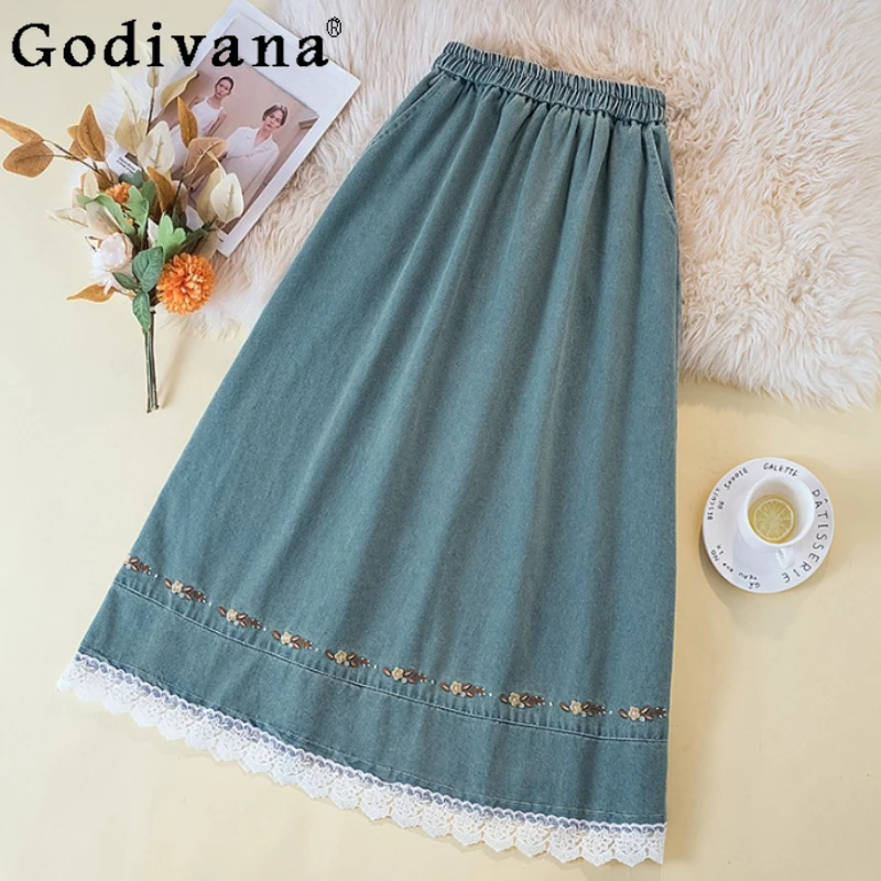 

Женская винтажная универсальная юбка трапециевидной формы большого размера, модная свободная эластичная джинсовая юбка с высокой талией, уменьшающая возраст