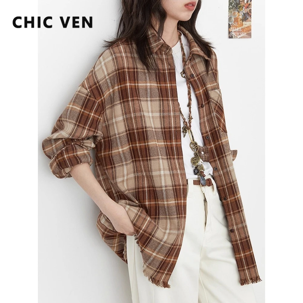 

CHIC VEN, новая женская рубашка, свободная повседневная женская клетчатая блузка с длинным рукавом в стиле ретро, женское пальто с заусенцами по краю, осень-зима 2025