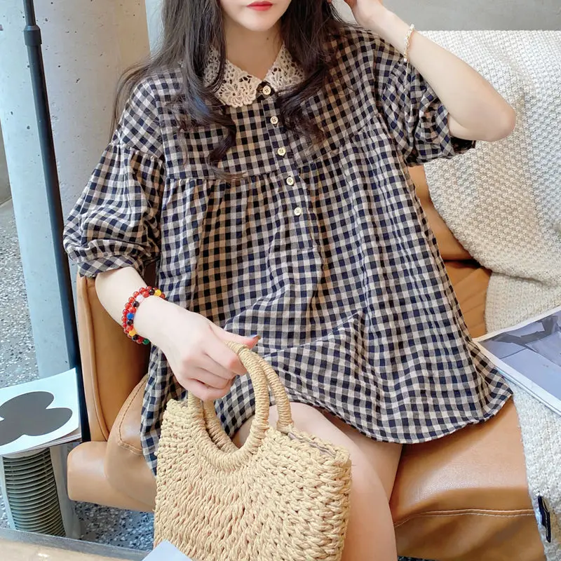 Shirt Top Summer Fashion New Korean Version Plaid Cotton Linen Lace Stitching Doll Collar Blouse Women\'s Short Sleeves Casual