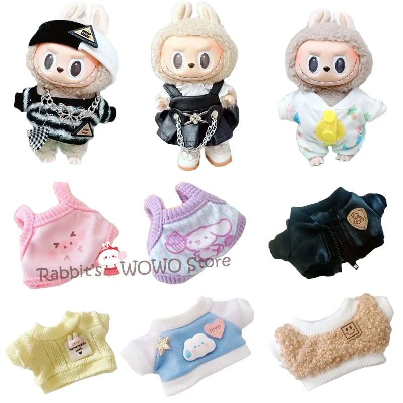 17cm Cute Mini Plush Doll's Clothes Outfit Accessories for Labubu Dolls T-shirt Sling Jumpsuit Jacket Fans Gift