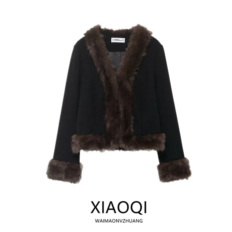 

Winter 2025 Women's Long Sve Fur Collar Splicing Slim Fit Coat Casual Versatile Waist Cinched ort Outerwear Commute Sle