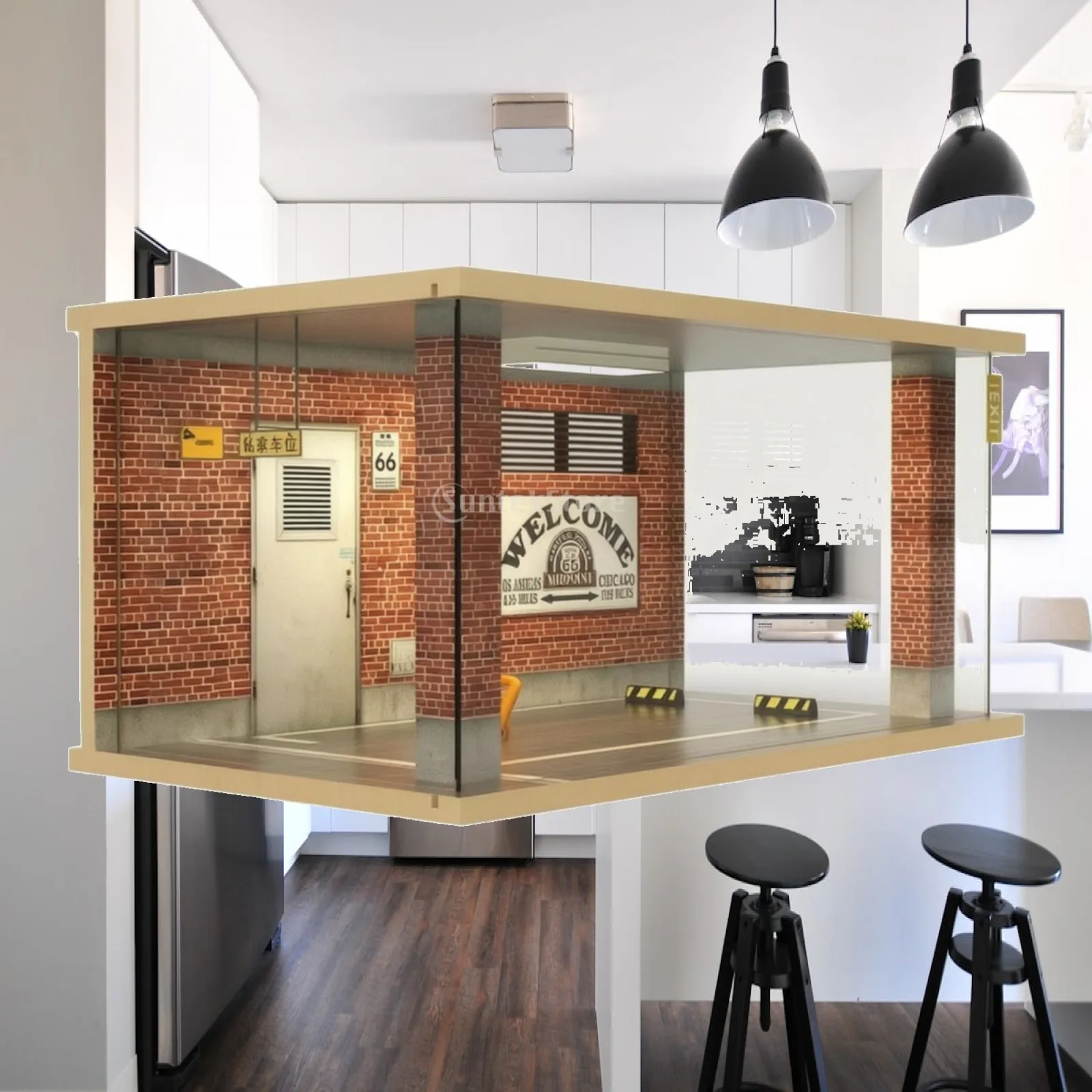 Garage Diorama with LED Light Illuminated Parking Garage Diorama Model Car Display Case Wooden Miniature