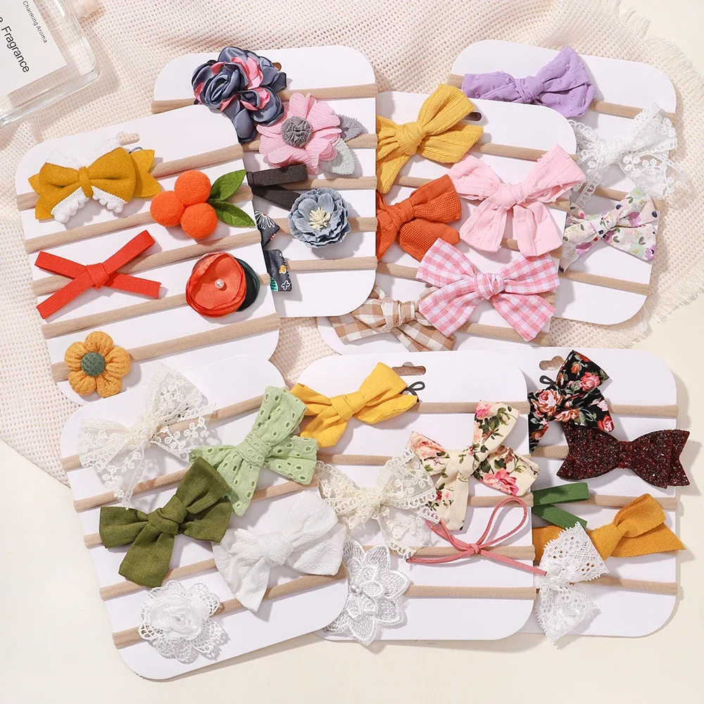 5Pcs/lot Baby Elastic Nylon Headband Newborn Lovely Flower Lace Bow Head Band for Girl Infant Toddler Soft Babe Hair Accessories