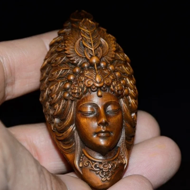 Chinese Natural Boxwood Carved Exquisite Two Sided Kwan-yin Statue Figurines Art