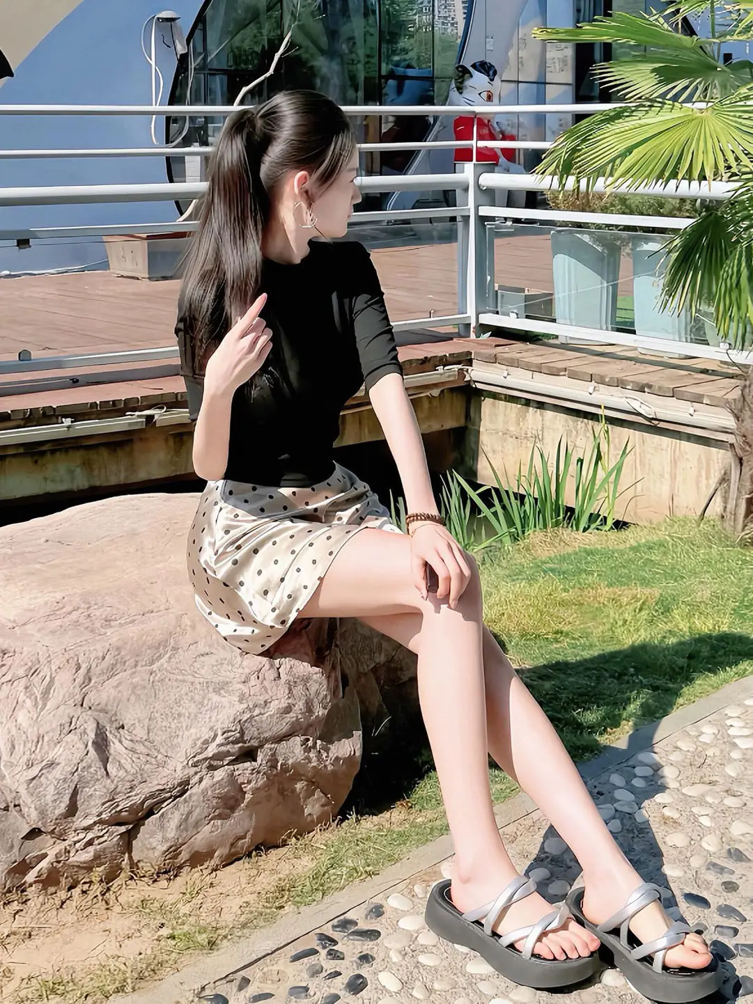 Black Waist-Cinching Midi Dress And T-Shirt Set Women's Fashion Summer 2026 Polka Dot Slimming Effect Business Casual Outfit