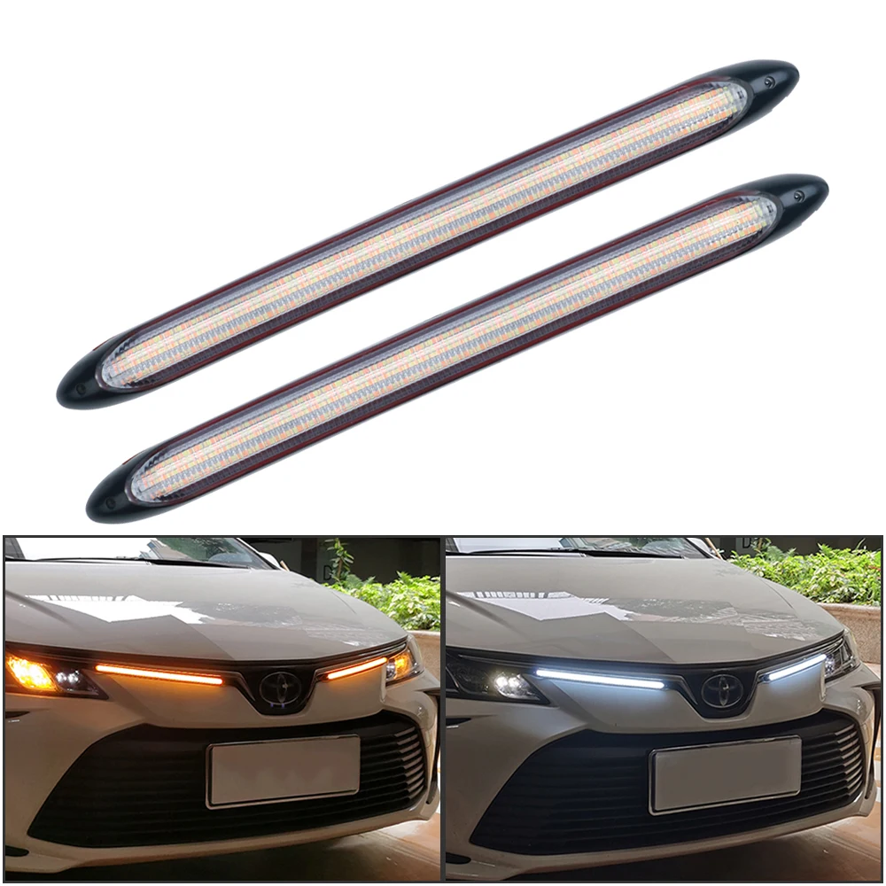 2 Stück 12V LED DRL-Streifen mit Start-Scan-Funktion, Tagfahrlicht für Autoscheinwerfer, Fließendes Blinklicht, Gelbe LED-Tagfahrleuchten