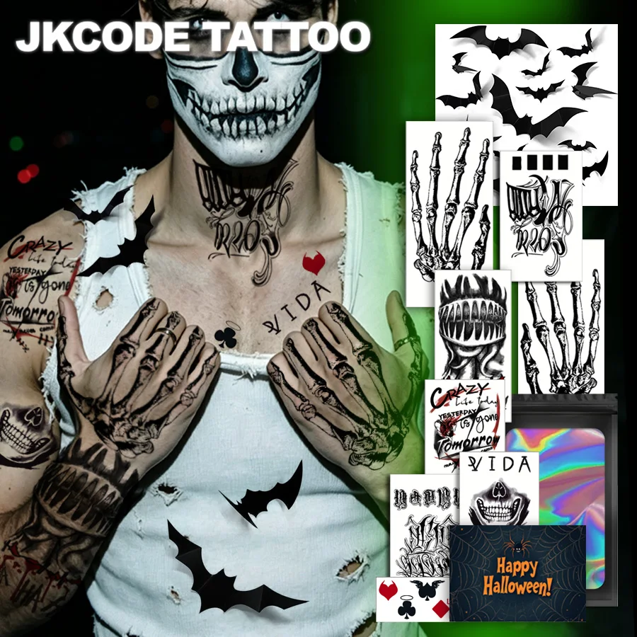 9-Piece Halloween Horror Skeleton Costume Tattoo Set | Halloween Makeup Temporary Tattoos, with 12 3D Bat Sticker Sets, Men's and Women's Party Costume Accessories, Skull Pattern, Party Horror Costumes