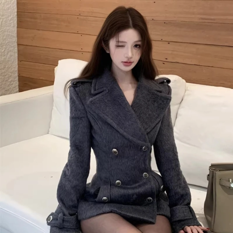 Original Design High-End Elegant Woolen Women's Blazer Winter New Vintage Gray Double-Breasted Thickened Padded Jacket Ladies