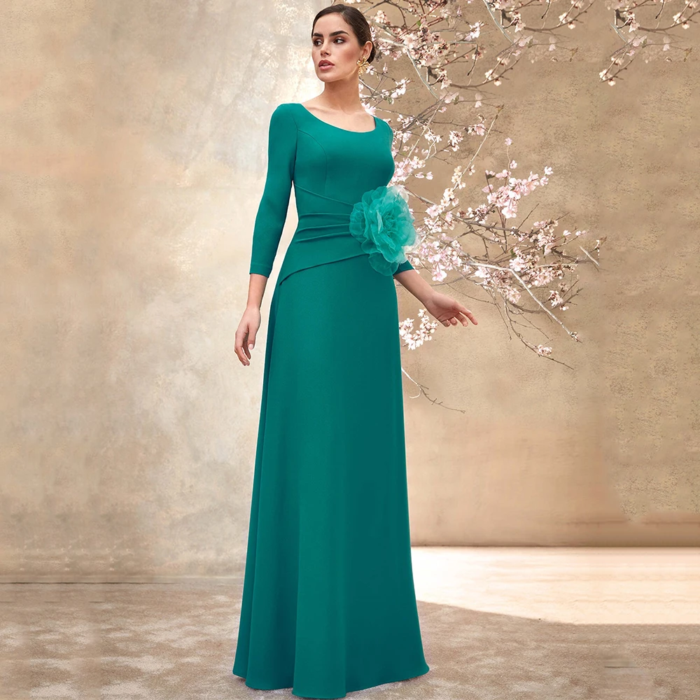 Customized Elegant Mother of Bride/Groom Dress Long Scoop A Line Green Wedding Guest Gowns 3/4 Sleeves Flower Formal Party Gown