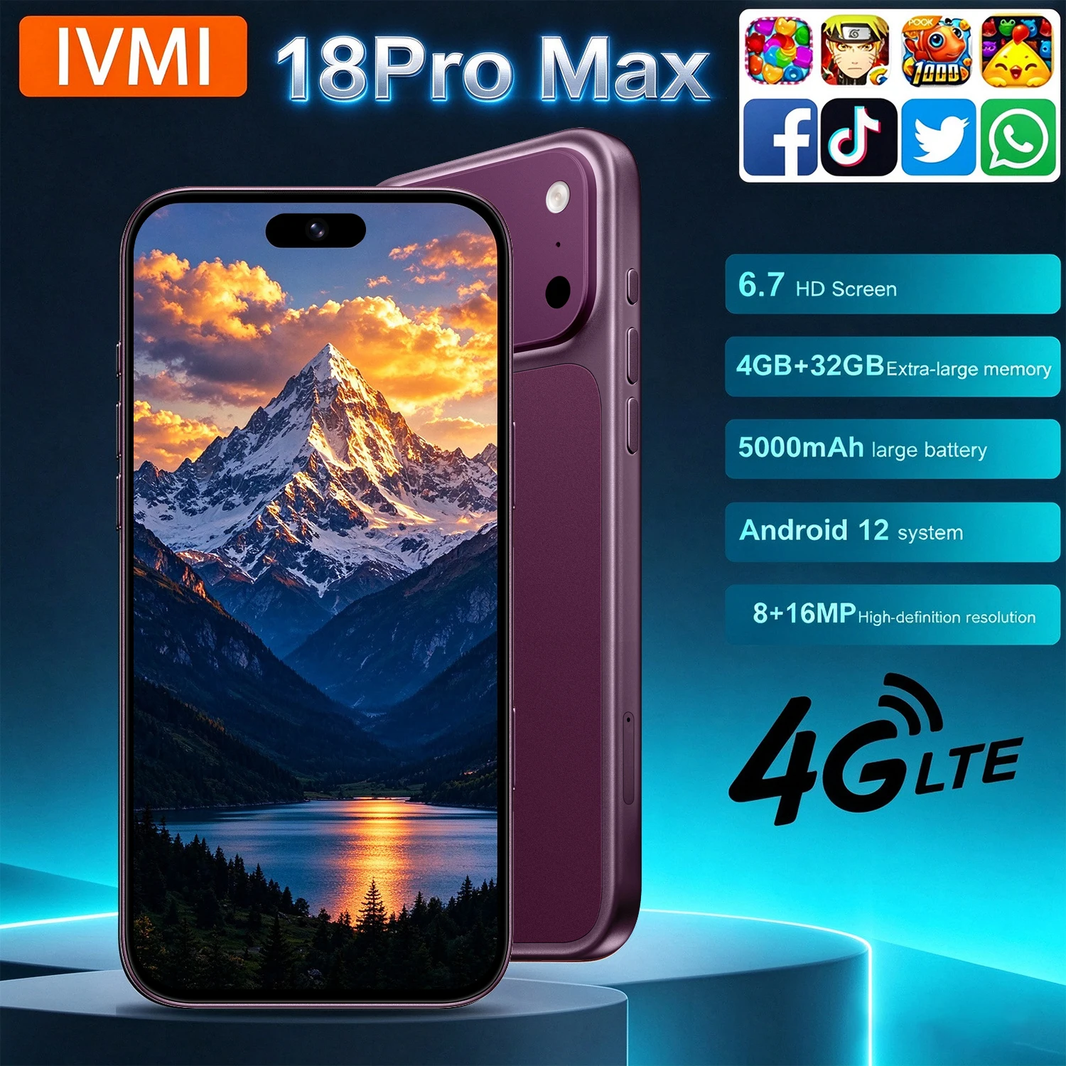 IVMI 18Pro Max Smartphone 4GB+32GB RAM 6.7inch Android12.0 Face Unlock Fingerprin Cheap Cellphone 4G Global Version Mobile Phone