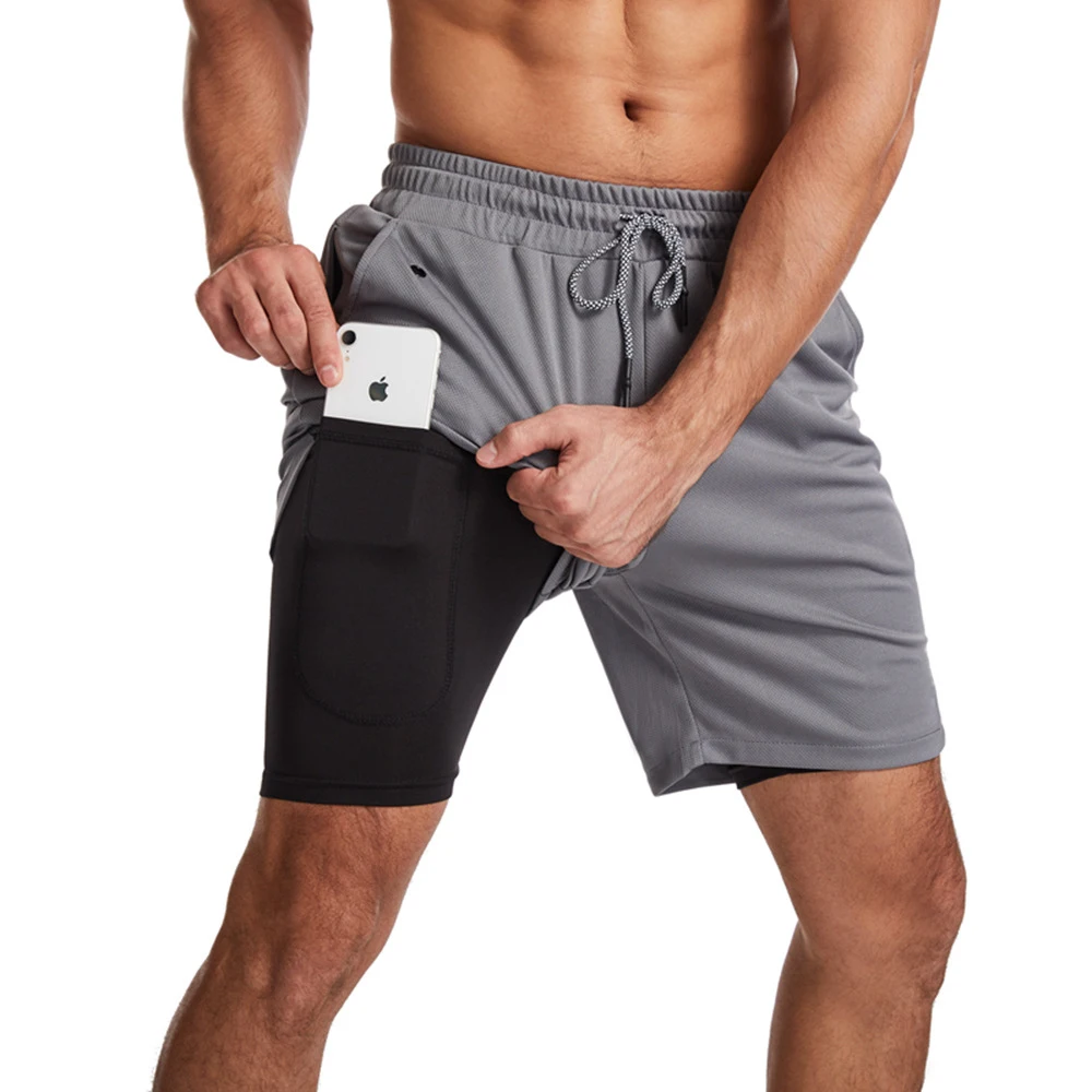 Summer Men's 2-in-1 Running Shorts Gym Training Fitness Wear Quick Dry Breathable Men's Jogging Shorts with Earphone Hole