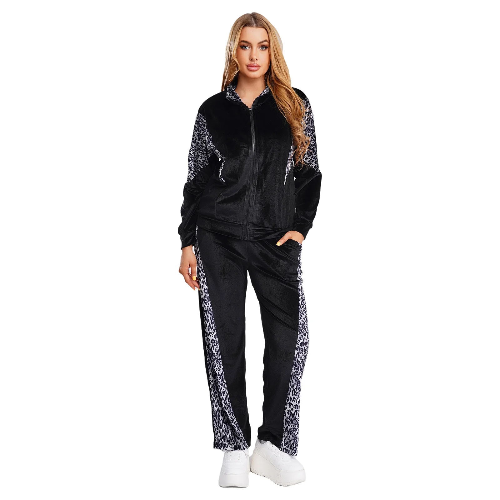 

Women Casual Velvet Leopard Loungewear Outfit Daily Wear Lapel Long Sleeve Front Zip Sweatshirt Jacket and Wide Leg Long Pants