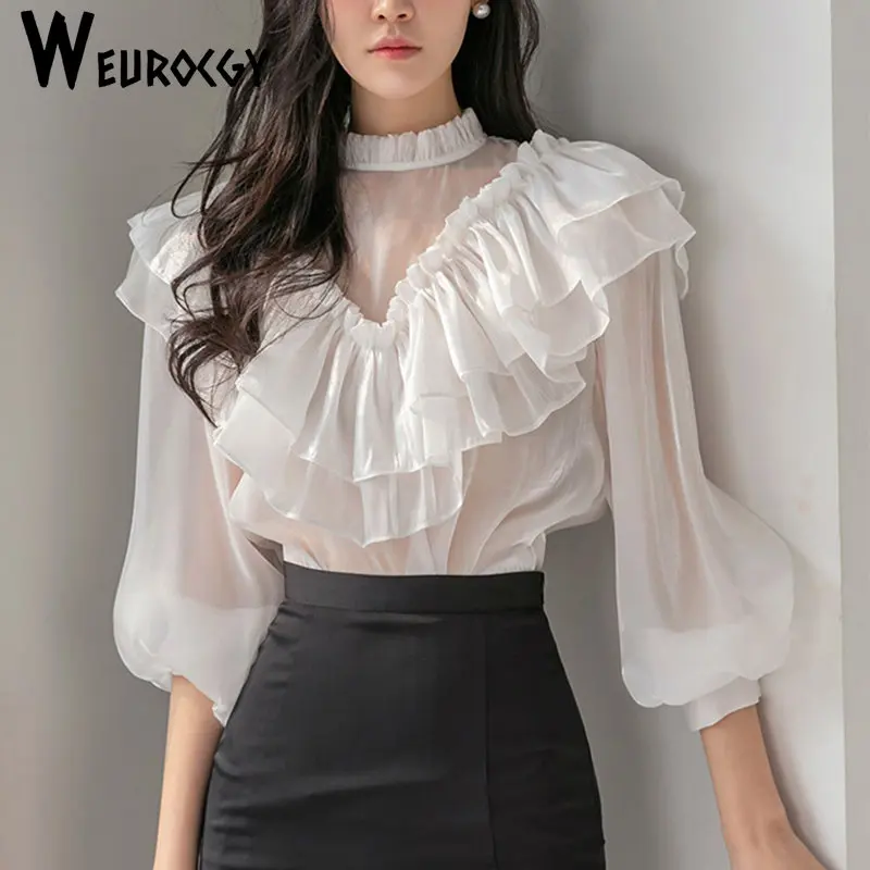 Women Blouse 2023 Summer Korean Edition Elegant Splicing Fashion Ruffles Top Autumn Flare Beading Chiffon Long Sleeve Shirt