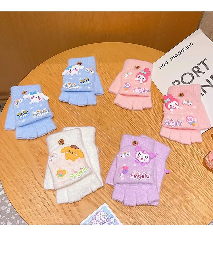 

Kawaii Anime My Melody Hello Kitty Sanrio Cinnamoroll Kuromi Children's Gloves Cartoon Cute Flip Warm Knitted Thread Gloves