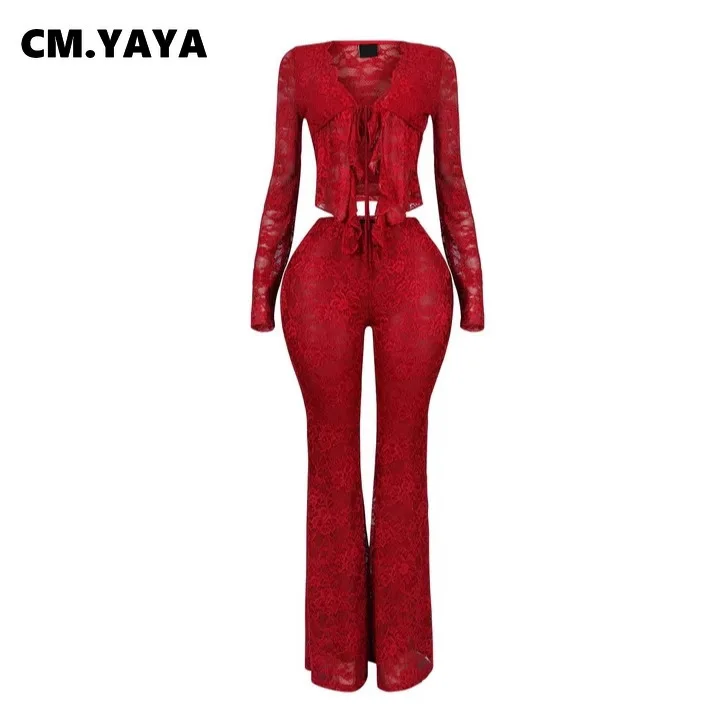 CM.YAYA 2025 طقم نسائي بأكمام طويلة من الدانتيل شفاف من خلال قميص + سراويل طويلة للسهرات في الشارع مثير مكون من قطعتين ملابس رياضية