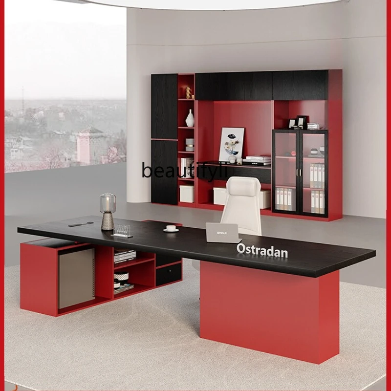 

Creative solid wood desk with side cabinet, head desk manager's office, female boss desk