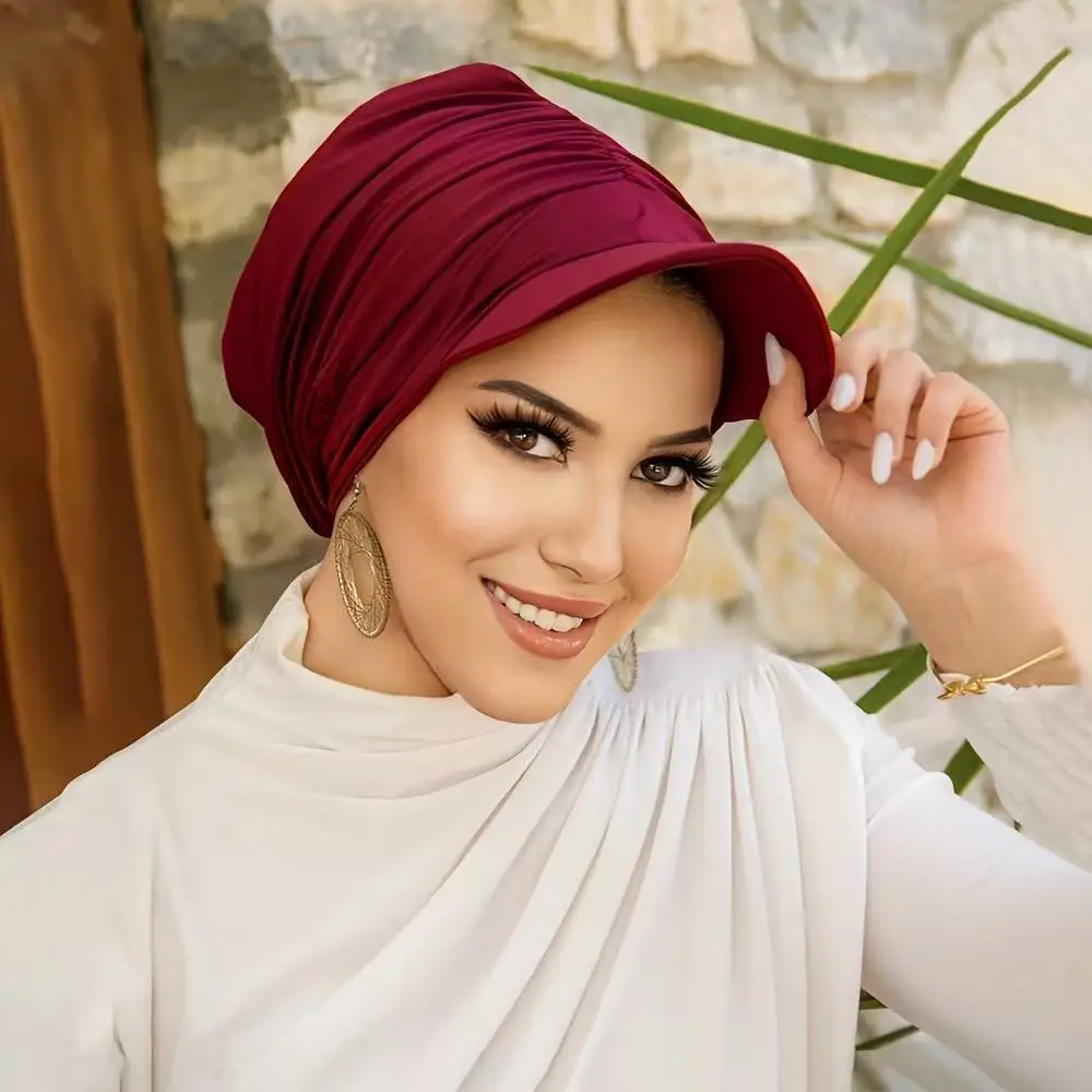 Muslim Women Wide Brim Visor Hat Pre-Tied Sunscreen Turban Baseball Cap Headscarf Hijab Outdoor Bonnet Head Wrap Turbante Mujer