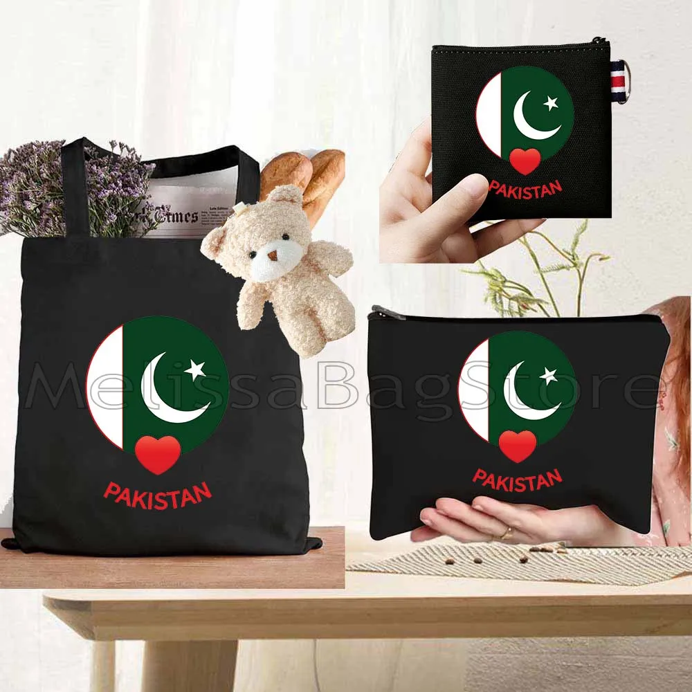 

4PCS Gifts Set Pakistan Heart Flag Black Canvas Tote Bag Handbag with Doll Key Coin Purse Cosmetic Makeup Toilet Bag Case Pouch