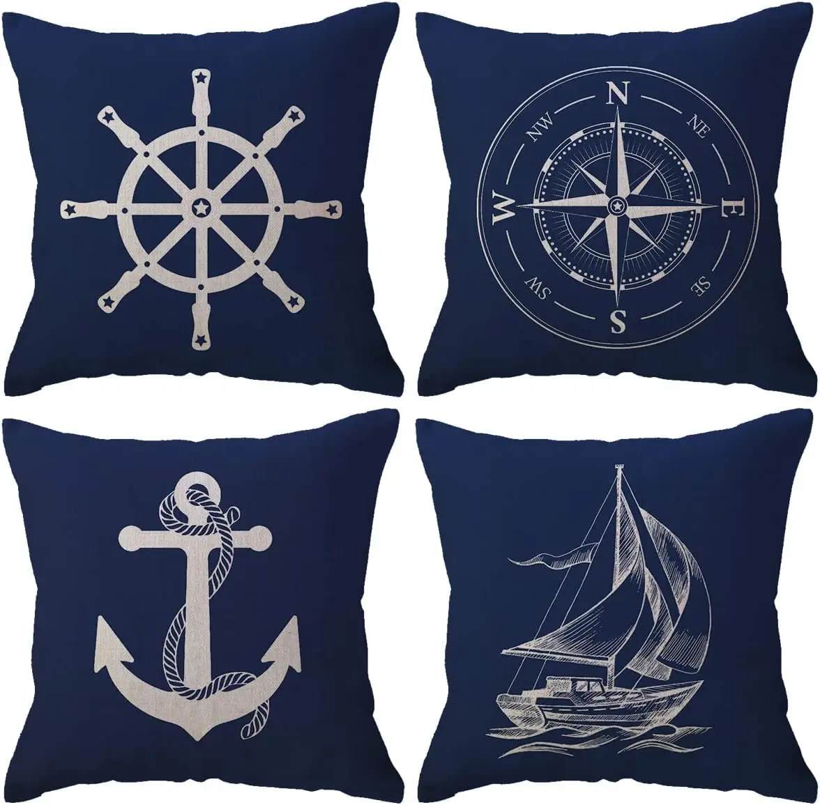 4 Piece Nautical Throw Pillow Covers Set Ocean Anchor Compass Marine Coastal Decor Cushions for Sofa Bedroom Polyester
