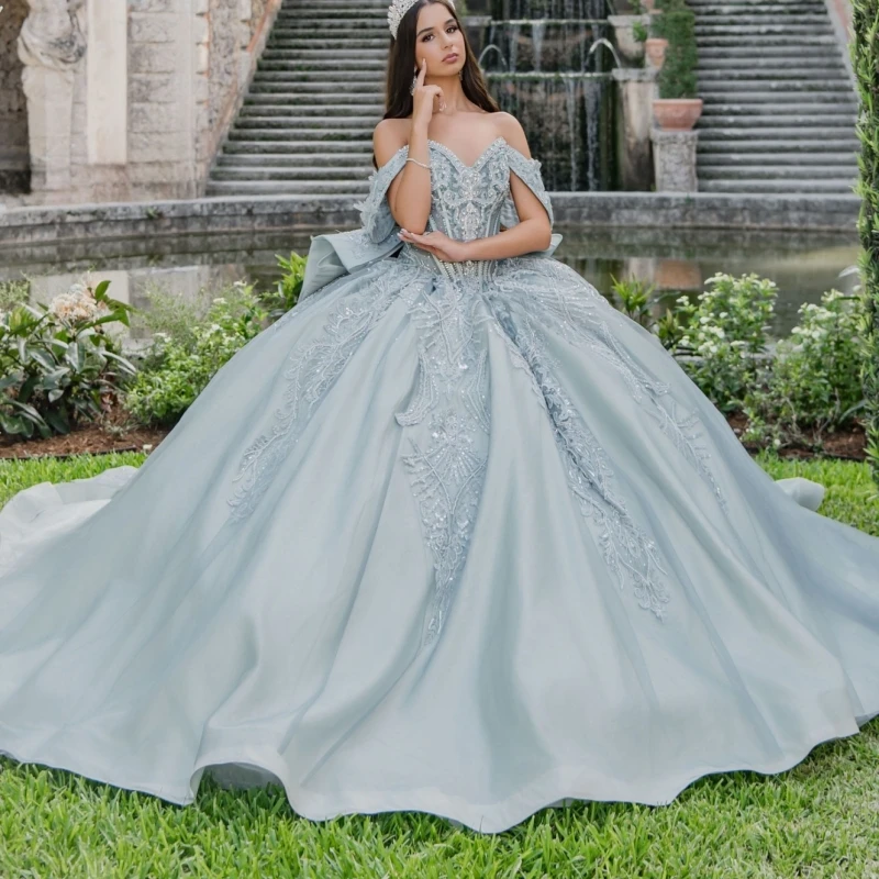 

Aqua Blue Shiny Quinceanera Dresses Off The Shoulder Sequin Applique Lace Beading Crystal Bow Tull Party Birthday Sweet 16 Dress