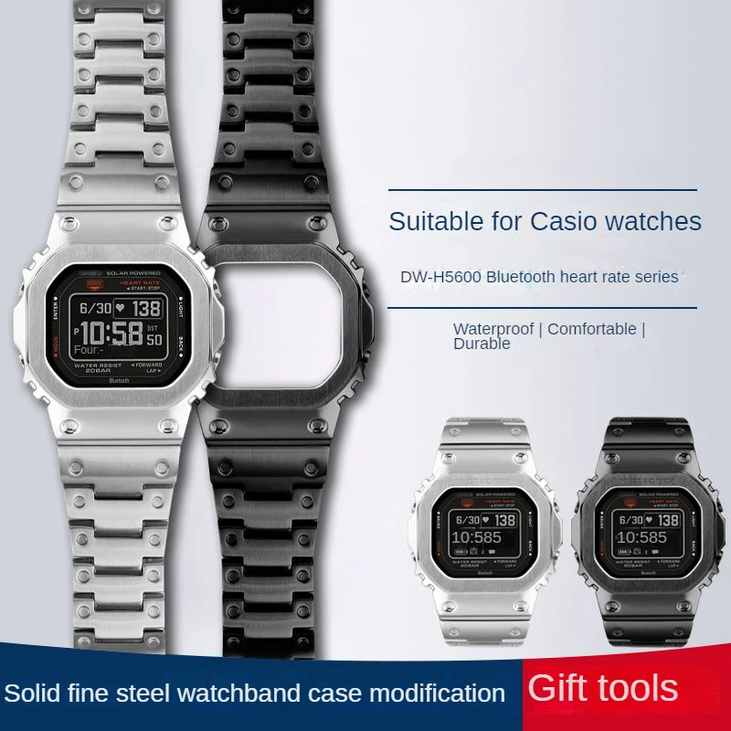 

Modified Solid Stainless Steel Strap Bezel For Casio DW-H5600 Bluetooth Heart Rate DWH5600 Set Watchband Case Chain Bracelet