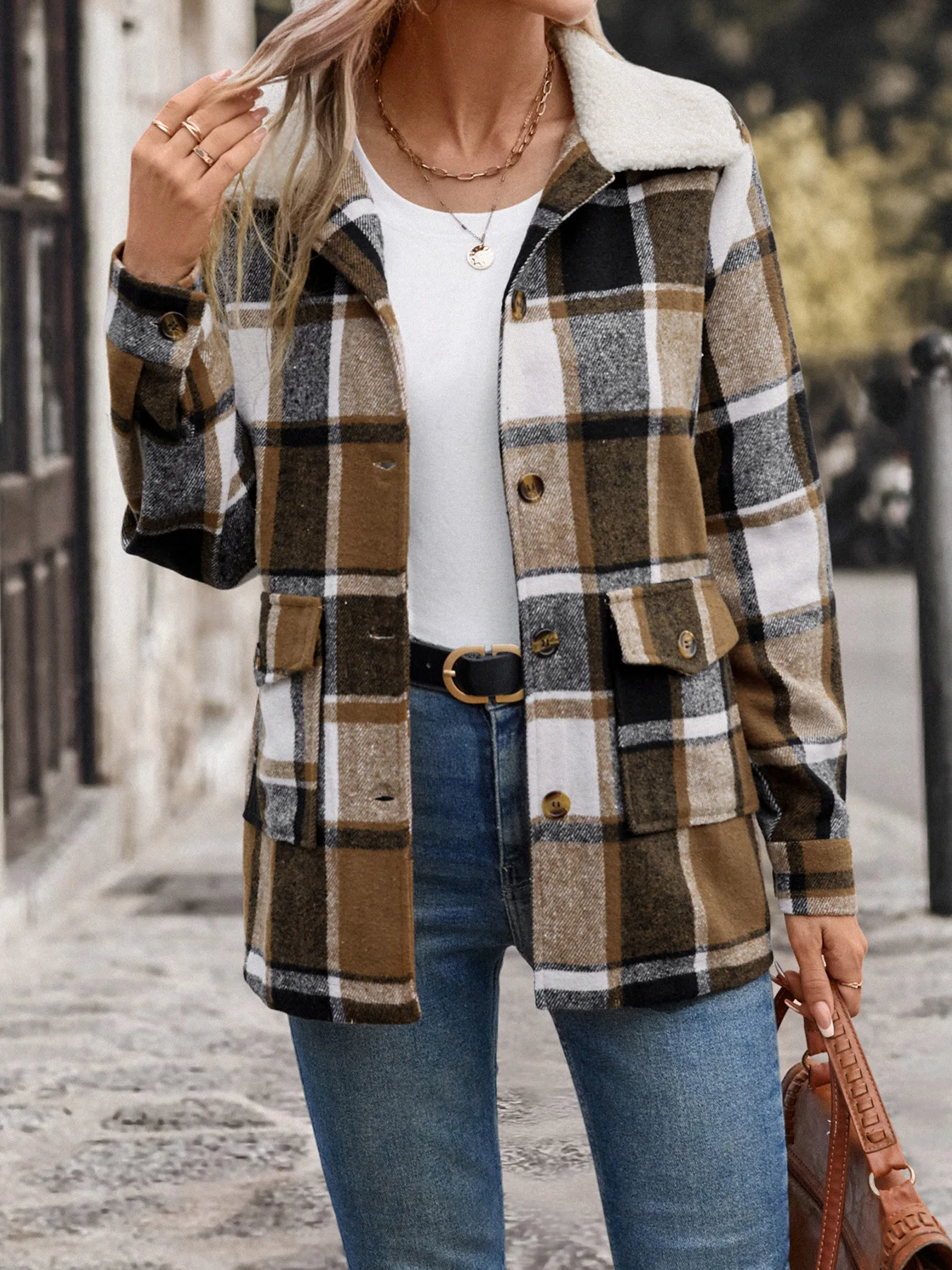 2024 new autumn/winter women's plush lapel plaid coat fashion long-sleeved top jacket