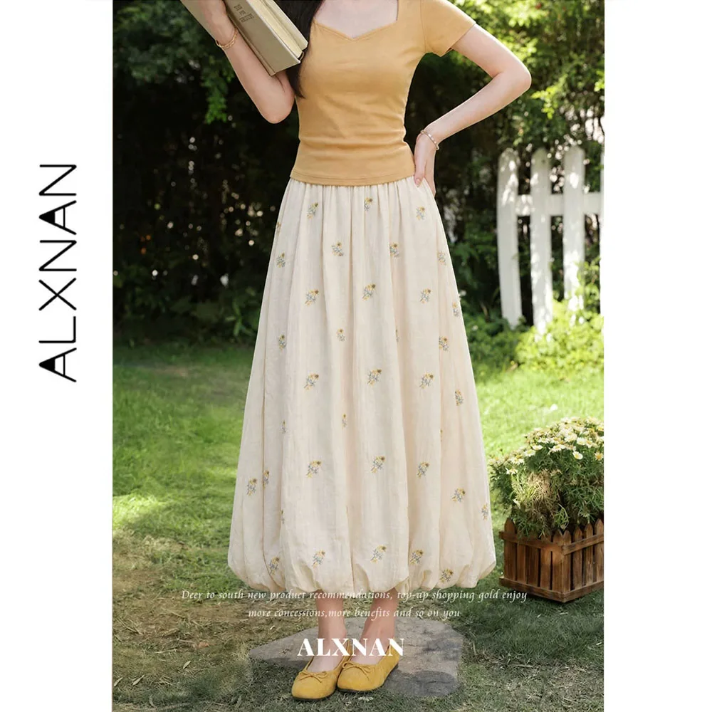 ALXNAN Floral Embroidery Midi Skirt Women 2026 Elegant High Waist Bud Skirt Fashion Casual Long A-line Skirts Ladies L66263A