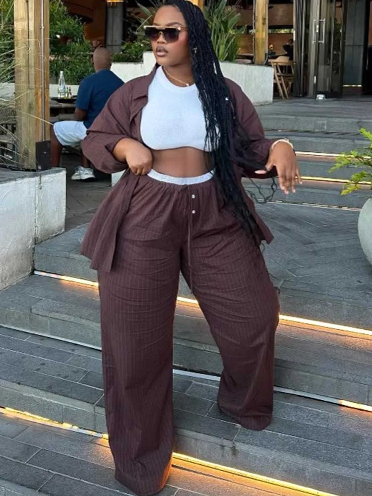 長袖シャツとワイドパンツ女性のための秋のエレガントなセット 2 ピースストライプブラウン女性服スーツ卸売ドロップシッピング