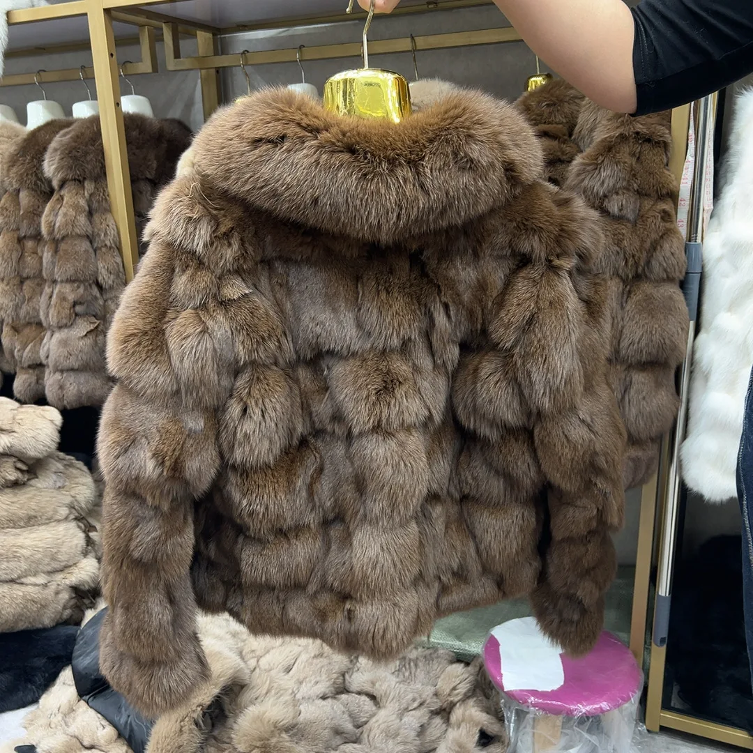 Chaqueta de Piel de Zorro Natural para Mujer HUA QIU MEI SI con Cuello de Zorro para el Invierno, Chaqueta Corta de Piel de Zorro Auténtica