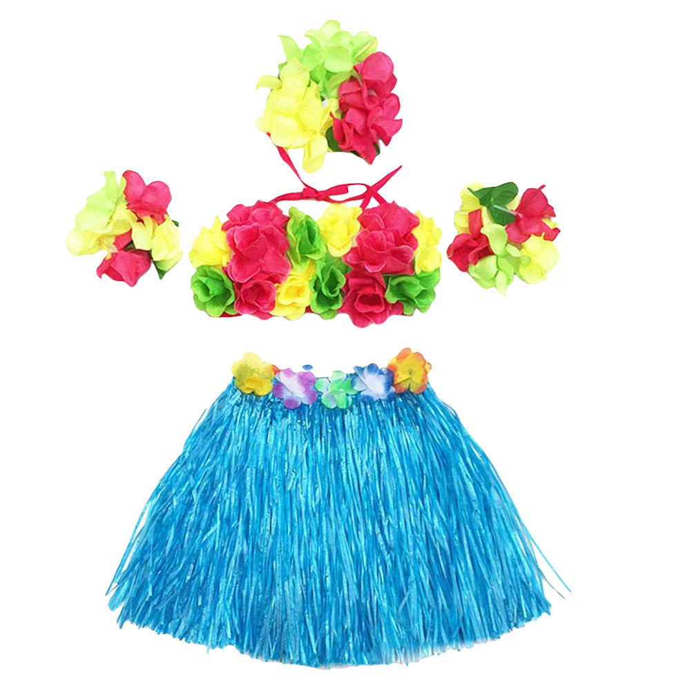

5pcs Hawaii Grass Skirt Set Colorful Dance Costume Tropical Party Accessories Bra Bracelets Headband Adjustable Elastic