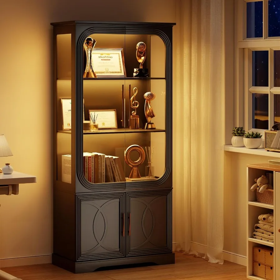Display Cabinet with Glass Doors 69 in Tall Bookcase with LED Lights Curio Storage CabinetKitchen Pantry Cabinet 5 Tier Glass D