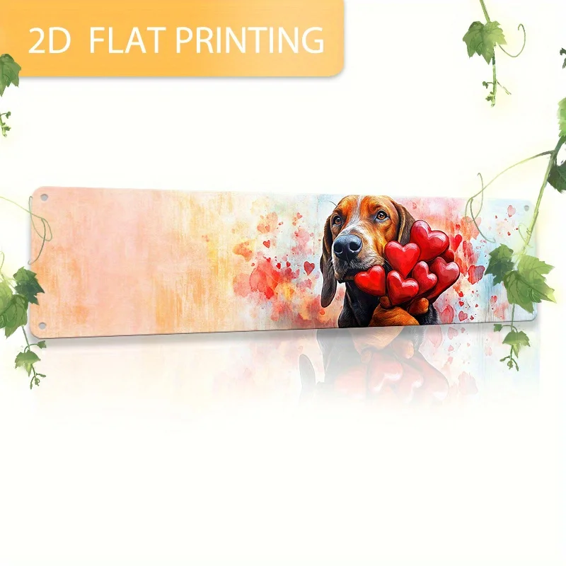 2D Flat,  Aluminum Metal Sign, Funny Tin Sign with Bloodhound Holding a Red Heart in Its Hand, Kitchen Decor, Home Decoration