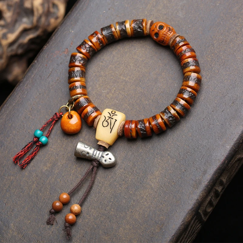 Tibetan-Style Vintage Yak Bone Bead Bracelet Men, Single-Loop, With Three-Way Connector And Nangla Cha Accessorie