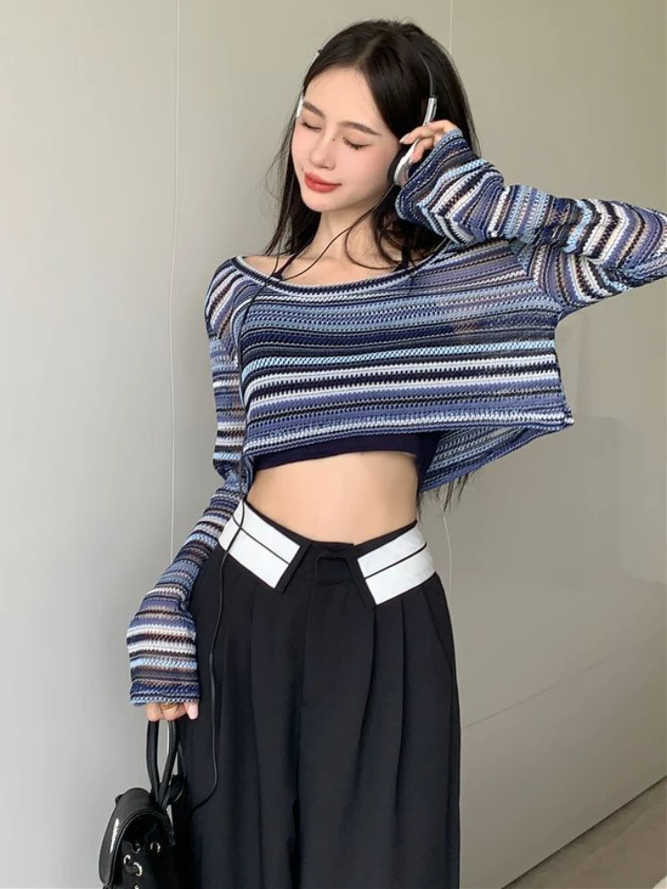 T-shirts Women Hollow Out Striped Creativity Korean Style Popular Trendy Simple Ladies Spring All-match Daily Basics Vintage Ins