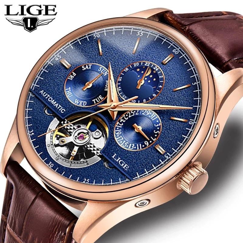 LIGE Men Mechanical Watch Top Brand Luxury Automatic Watch Leather Waterproof Sports Moon Phase Wristwatch Relogio Masculino+Box