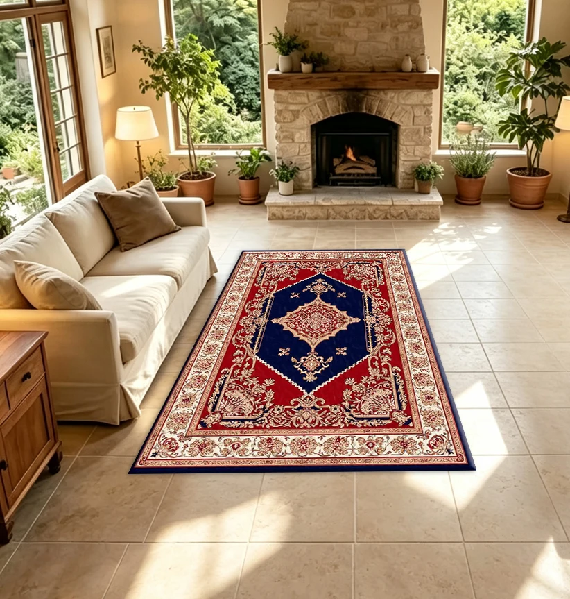 Luxurious Red and Navy Blue Oriental Medal Pattern Carpet, Vintage Ornate Floral Border Pattern Floor Carpet Suitable for Living Room Home Decor