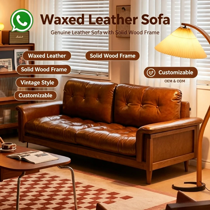 Vintage Waxed Top‑Grain Leather Sofa, Tufted Design Solid Wood Frame Multi‑Size Retro Couch for Living Room Home Furniture