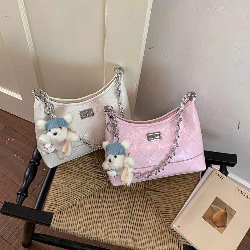 Rhombus embroidery thread bucket bag women's fashion super fire versatile shoulder bag underarm bag popular messenger bag