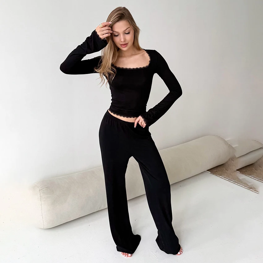 

Hiloc Solid Sexy Women'S Pajamas 2-Piece Suit Lace Round Neck Long-Sleeve Top Knit Elastic Waist Trousers Spring Autumn New 2025