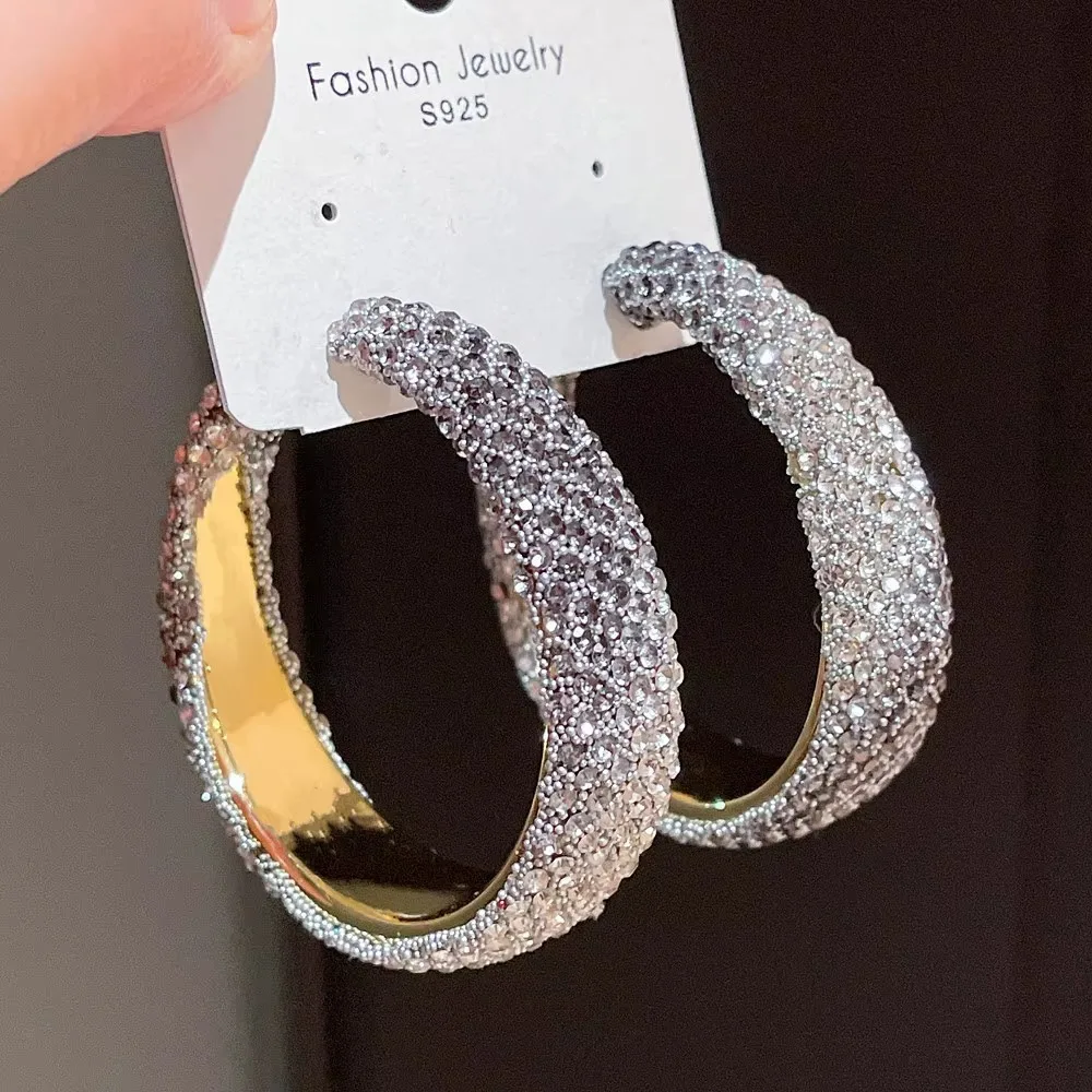 New Fashion Exaggerate Shiny Rhinestones Earrings Big Hoop Earrings Geometric Round Crystal Earrings Jewelry Accessories Gifts