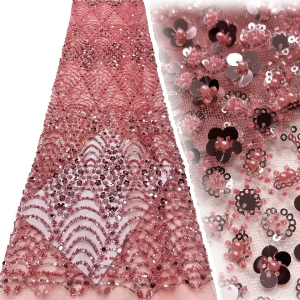 

5 ярдов Африканская ручная вышитая бисером кружевная ткань для жениха, нежная французская нигерийская кружевная ткань с блестками, шитье свадебного платья CC1356