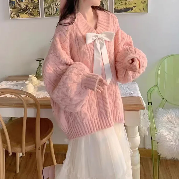 

Women's V-Neck Twisted Sweater Loose Fit Soft Comfortable Lazy Style Knitted Top Trendy Autumn Winter Fashion Gentle Color